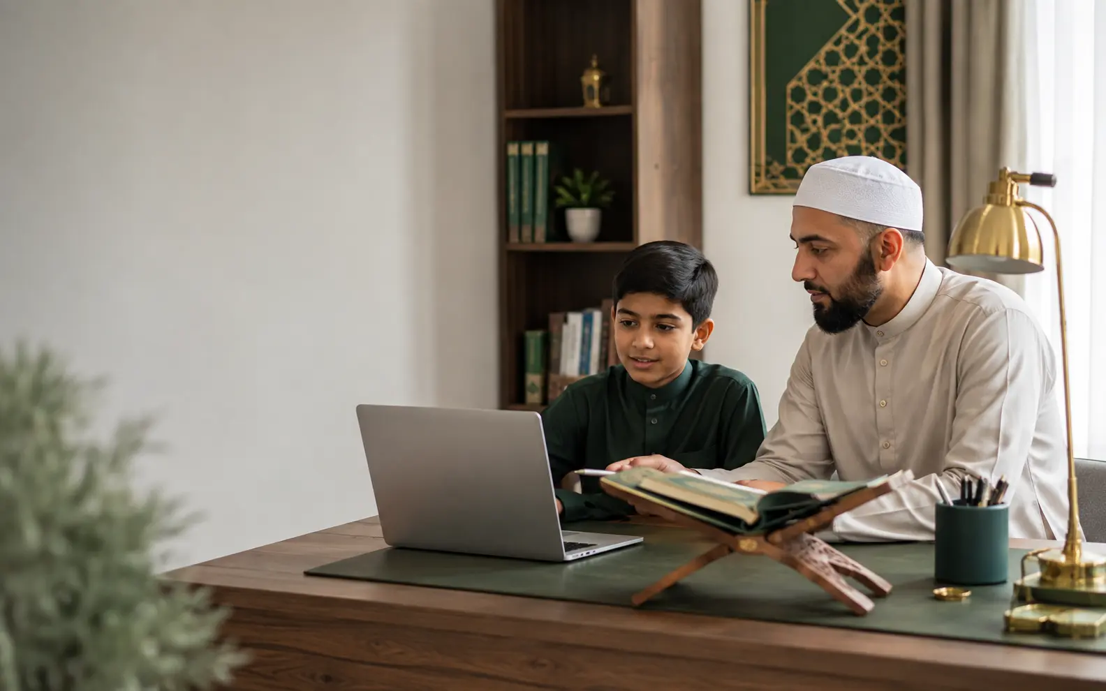 گھر میں آن لائن قرآن سیکھتا ہوا بچہ اور والد