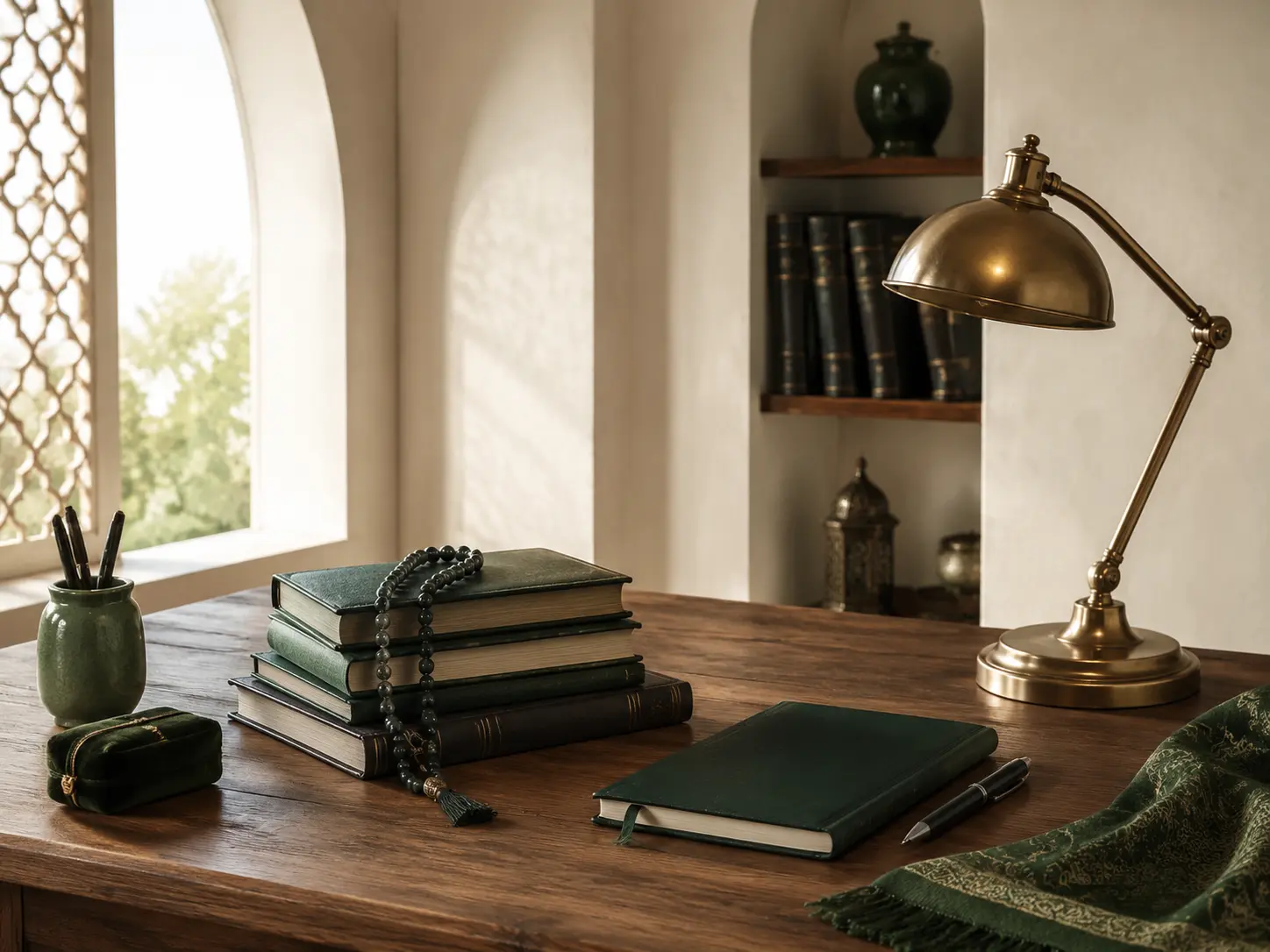 A quiet Islamic study desk with books, prayer beads and a notebook